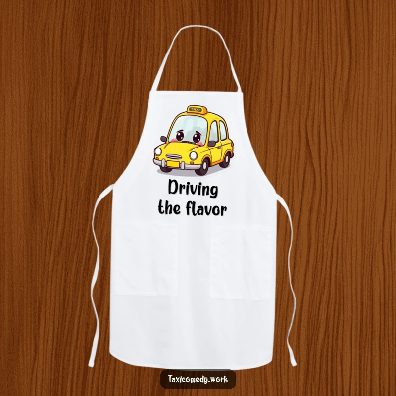 Funny Taxi Apron showing a cheerful yellow car character zooming forward with a grin, a humorous and practical kitchen accessory.