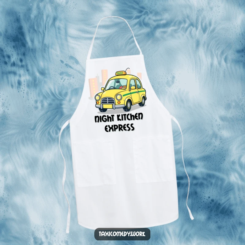 Funny Taxi Apron showing a stylized, whimsical taxi playfully zipping through city lights, a magical and practical kitchen accessory.