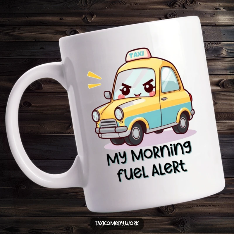 Funny mug featuring a cartoon taxi character with a determined face, cheerfully honking its horn, ready to drive.