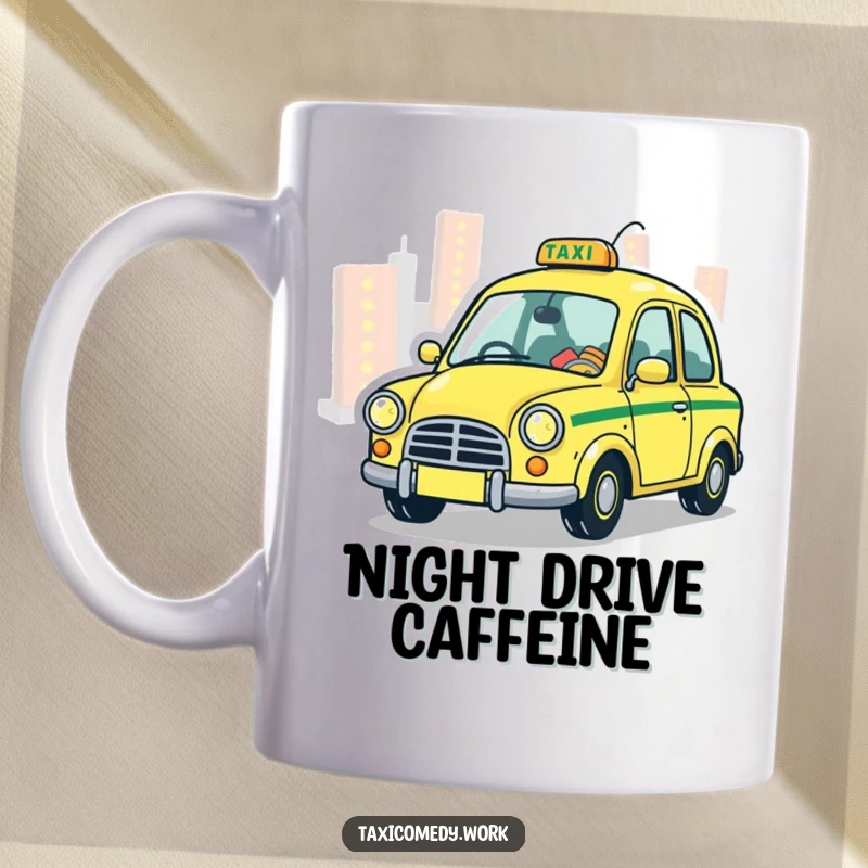 Funny Taxi Mug featuring a stylized, whimsical taxi playfully zipping through vibrant city lights with a playful expression.