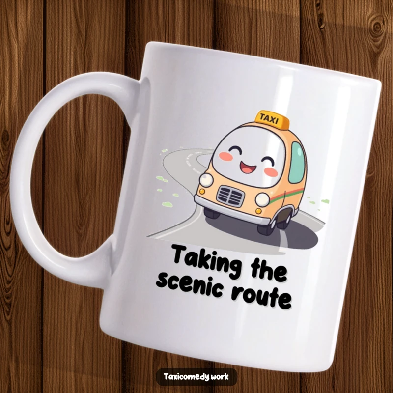 Funny Taxi Mug featuring a round, friendly taxi character with a bright smile driving on a winding road.