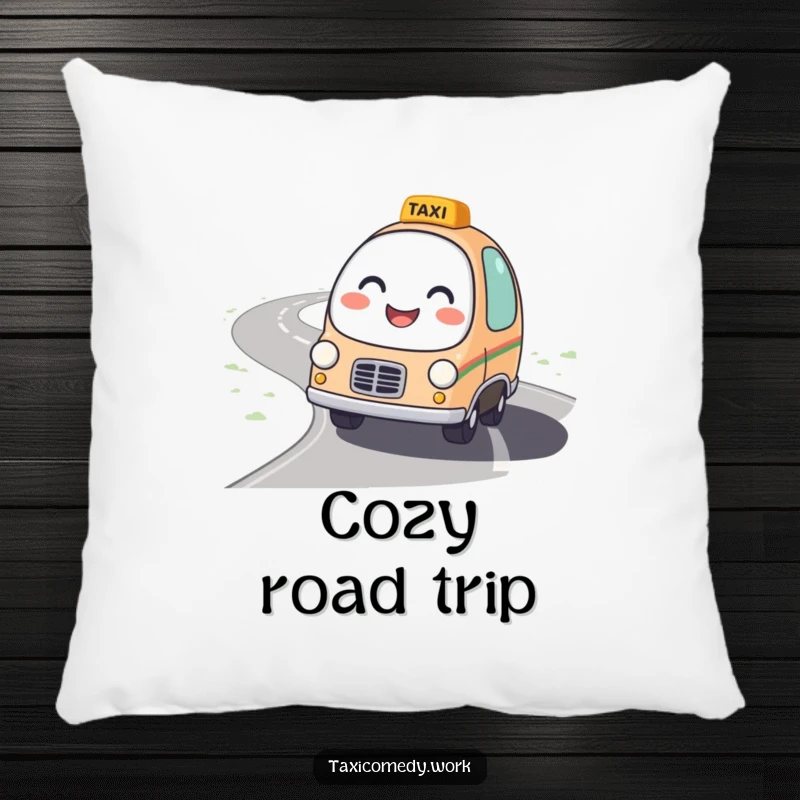 Funny Taxi Pillow with a round, friendly taxi character with a bright smile driving on a winding road.