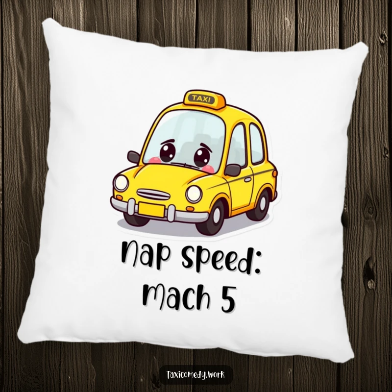 Funny Taxi Pillow with a happy yellow car character zooming forward with a grin, adding a touch of humor to comfort.