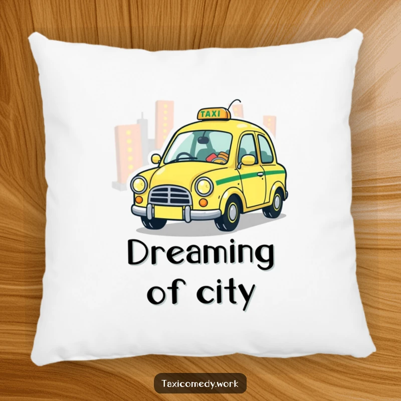 Funny Taxi Pillow with a stylized, whimsical taxi playfully zipping through city lights, adding magical humor to comfort.