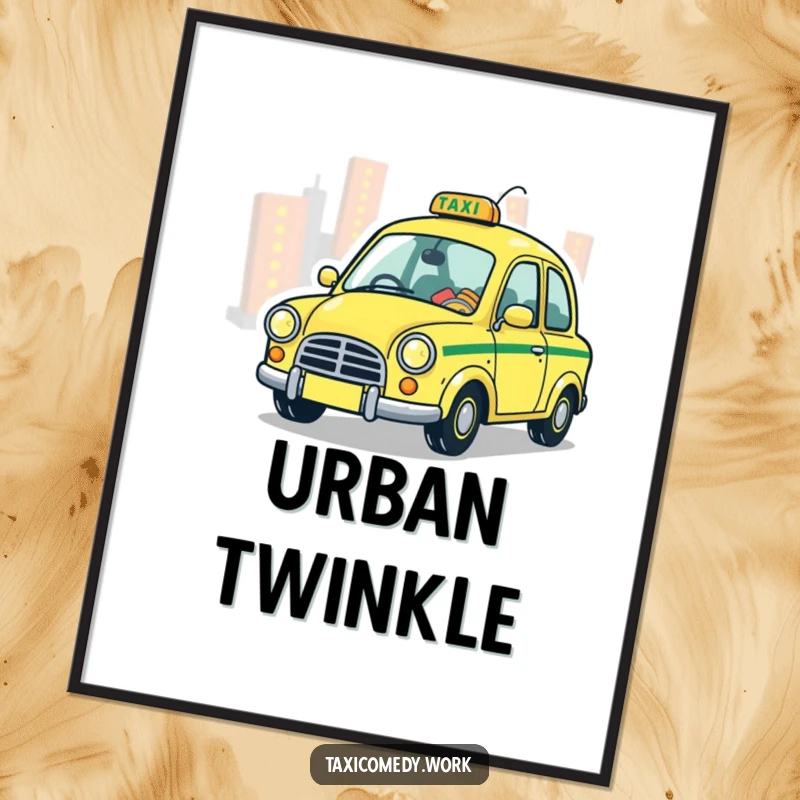 Funny Taxi Digital Art Print of a stylized, whimsical taxi playfully zipping through city lights, perfect for magical decor.