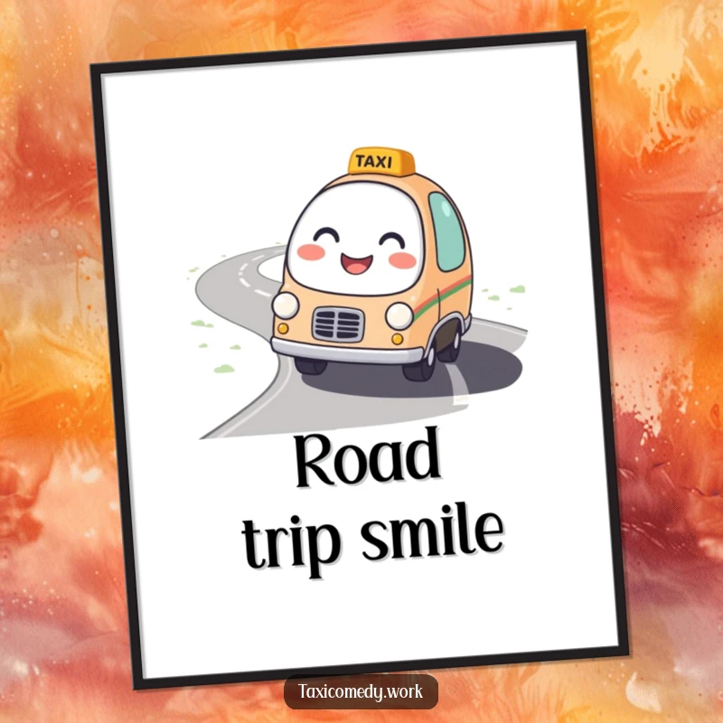 Funny Taxi Digital Art Print of a round, friendly taxi character with a bright smile driving on a winding road.