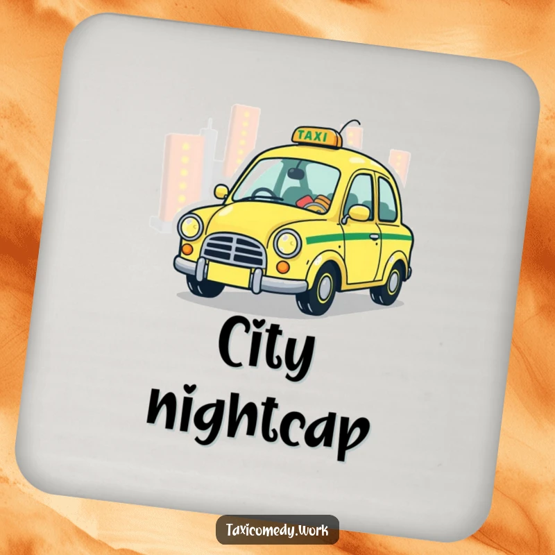 Funny Taxi Coaster featuring a stylized, whimsical taxi playfully zipping through city lights, a magical and practical item.