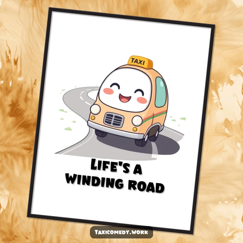 Funny Taxi Poster featuring a round, friendly taxi character with a bright smile driving on a winding road.