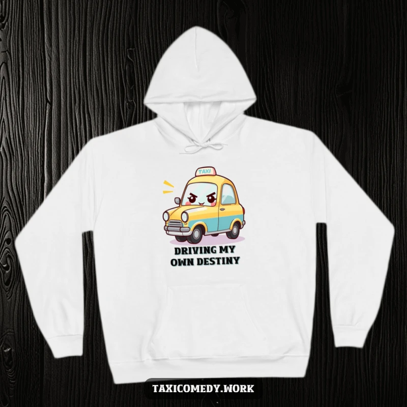 Funny hoodie depicting a determined, cheerful taxi character in the act of honking its horn with joy.