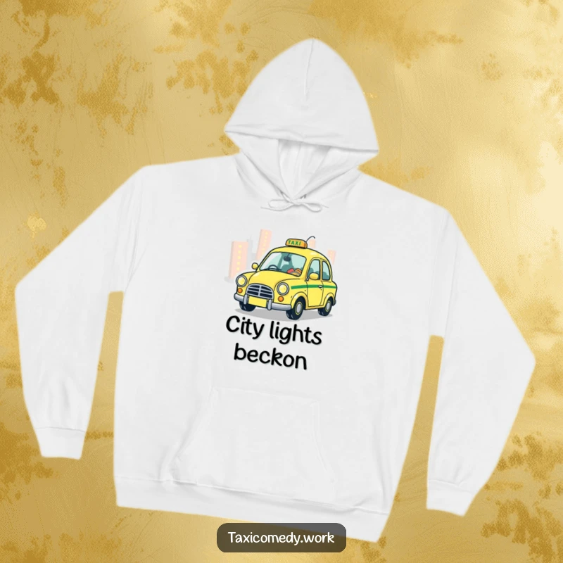 Funny Taxi Hoodie featuring a whimsical taxi playfully zipping through city lights, ideal for cozy, magical wear.