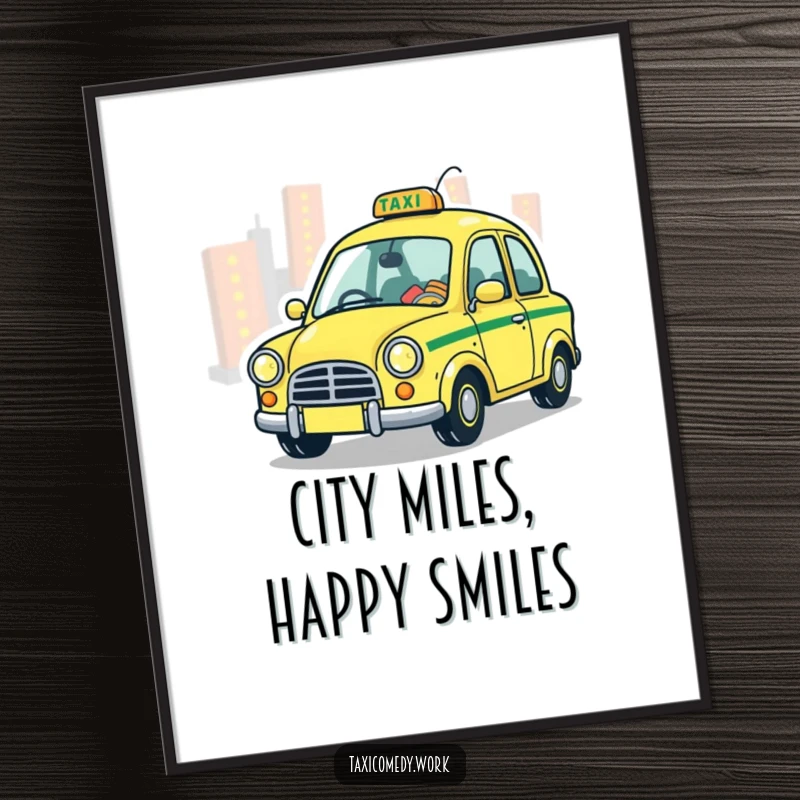 Funny Free Printable Whimsical Taxi Wall Art: A stylized taxi with a whimsical expression playfully zipping through vibrant city lights.