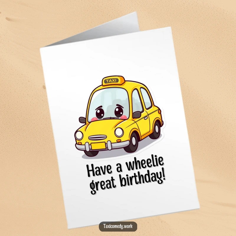 Funny Free Printable Taxi Birthday Card: A cheerful yellow taxi character with happy eyes zooming forward.