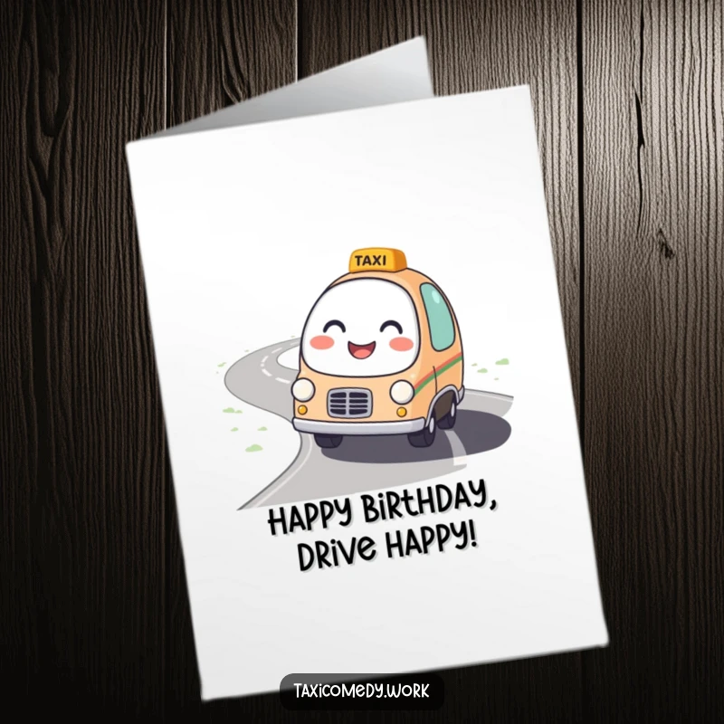 Funny Free Printable Friendly Taxi Birthday Card: A round taxi character smiling brightly as it drives on a winding road.