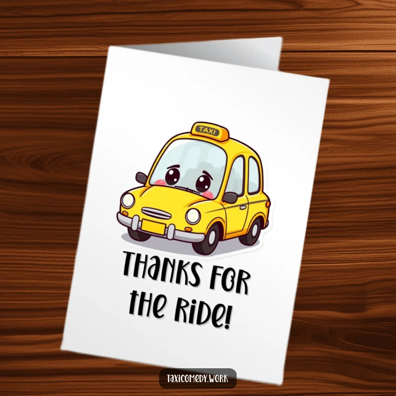 Funny Free Printable Taxi Thank You Card: A happy yellow taxi character driving forward with a wide cheerful grin.