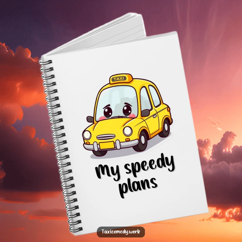 Funny Taxi Notebook featuring a cute yellow car character zooming forward with a grin, ideal for jotting notes with joy.