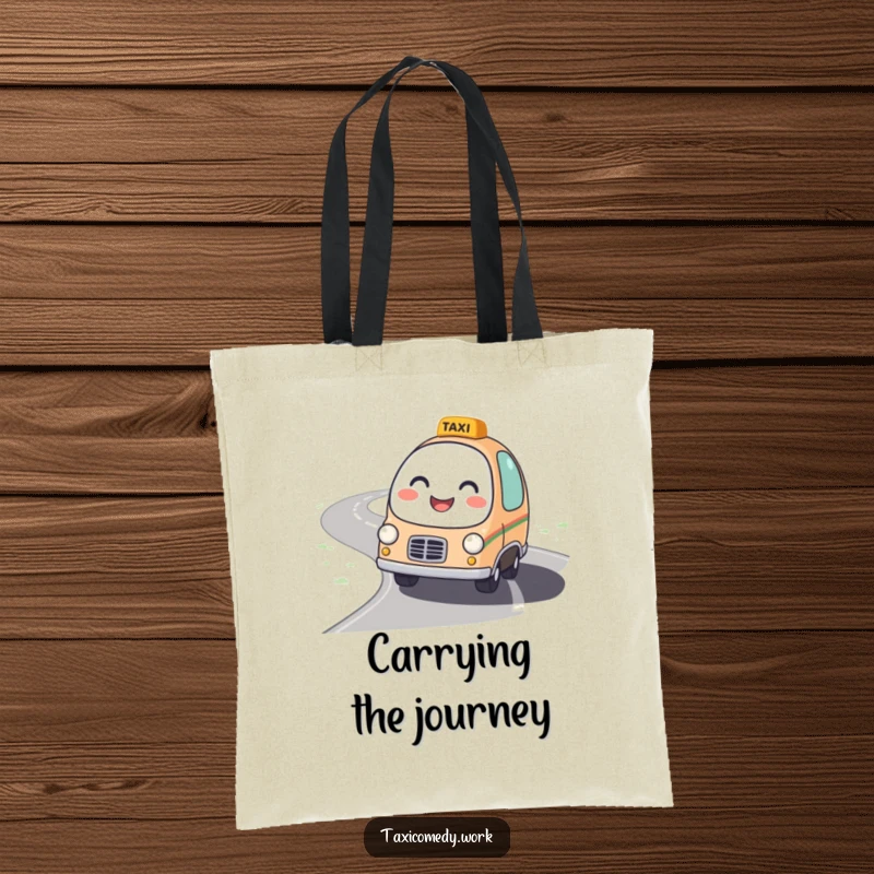 Funny Taxi Tote Bag showcasing a round, friendly taxi character with a bright smile driving on a winding road.